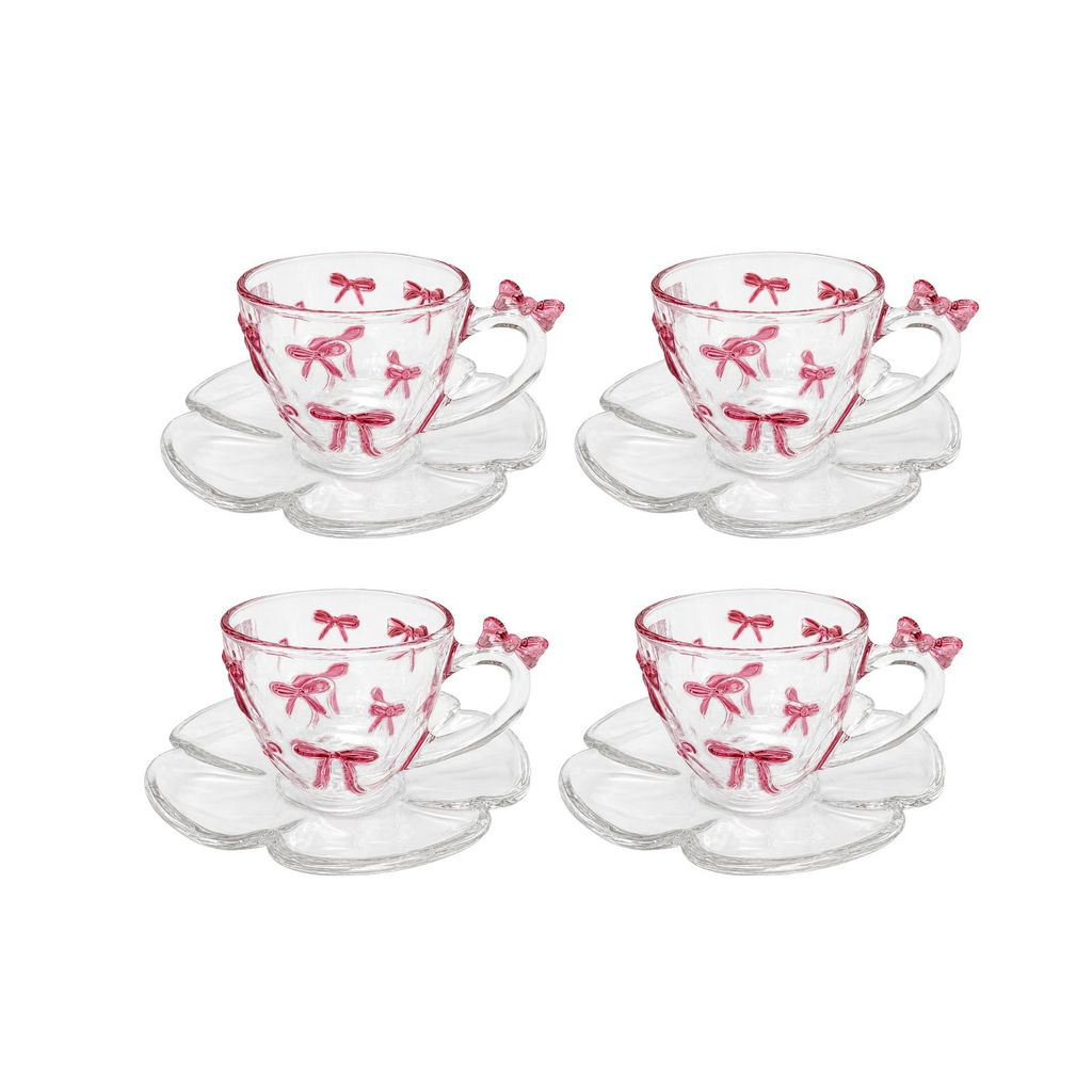 Kit 4 Xícara com Pires de Vidro com Detalhe de Laço Rosa